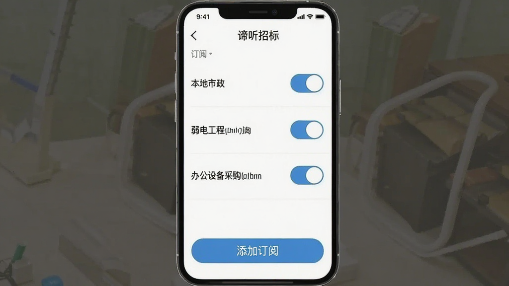 һ��չʾ�������бꡱAPP���Ĺ��������ͼƬ���������м������ı�ǩ���ֱ�д�š������������������繤�̡������칫�豸�ɹ�����ÿ����ǩ�Ա���һ�����ذ�ť������ײ��С����Ӷ��ġ��İ�ť���������࣬ͼ�����������ʸɾ���