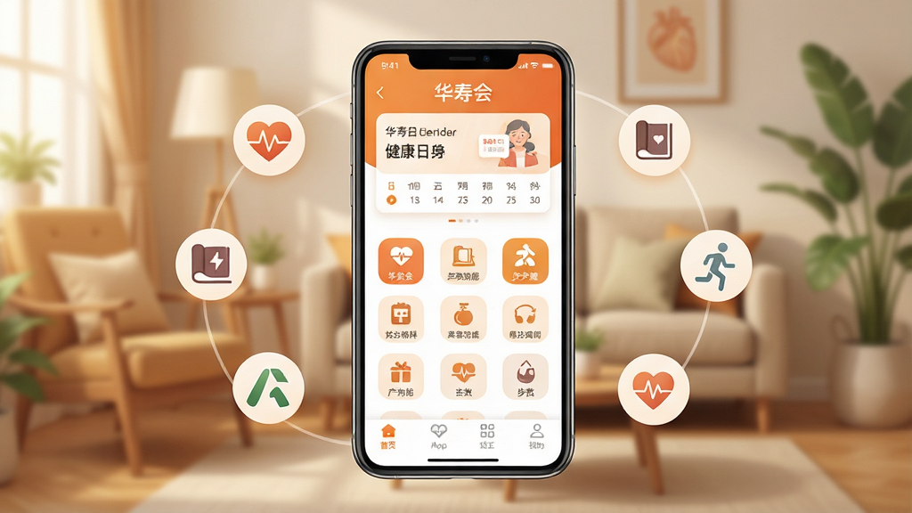 һ��չʾ�����ٻᡱApp����ȫò�Ĳ廭������������һ�������ֻ����ֻ���Ļ����ʾ�����ٻᡱApp�������棬��������ů�ȺͰ�ɫΪ��ɫ���������н���������Ƭ���м��ǹ���ͼ�����񣬵ײ��ǵ��������ֻ���Χ�����Ž���Сͼ�������ʡ�Ѫѹ�������ȣ���������͵ľӼһ����������ܰдʵ�����ʸɾ��������޶���Ԫ��