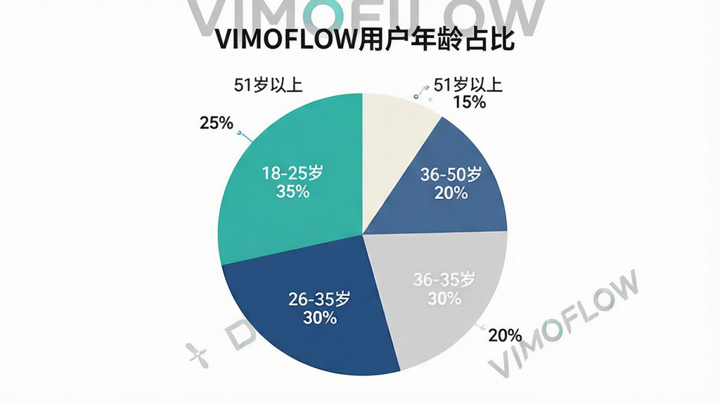 VIMOFLOW�û�����ֲ���״ͼ��ͼ������Ϊ��VIMOFLOW�û�����ռ�ȡ�����ͼ��Ϊ�Ŀ飬�ֱ��ע��18-25�� 35%����26-35�� 30%����36-50�� 20%����51������ 15%������ɫΪ���̡�������ǳ�ҡ��װף�������ִ������ݱ�ǩ���������ʸɾ��޶���Ԫ�أ�ͼƬ�д��С�VIMOFLOW�����ֱ�ʶ