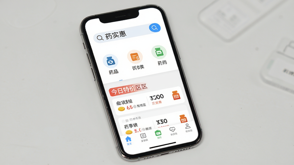 手机屏幕展示药实惠APP主界面,白色背景干净清爽,顶部搜索框写着“药实惠”,中间是药品分类图标和今日特价专区,底部导航栏清晰可见,整体风格现代简约,画质清晰无多余元素