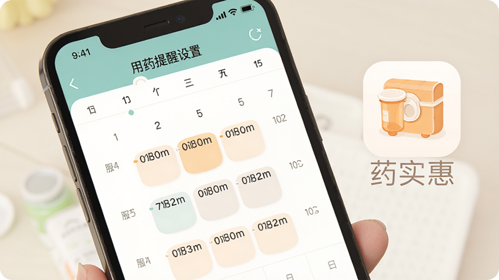 手机屏幕显示药实惠用药提醒设置界面,日历视图上标注了多个服药时间点,旁边有药盒图标和“药实惠”文字,界面温馨简洁,画质干净