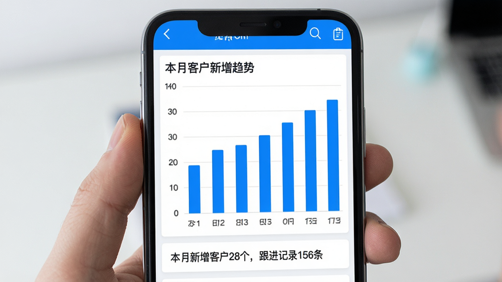 �鵱CRM���ݱ���ҳ�棬�ֻ���Ļ��ʾһ����״ͼ��ͼ������Ϊ�����¿ͻ��������ơ������������ڣ���������������������Ϊ��ɫ��ͼ���·�������ժҪ���֡����������ͻ�28����������¼156��������������ݿ��ӻ���������ɫ�����������޶���Ԫ�ء�
