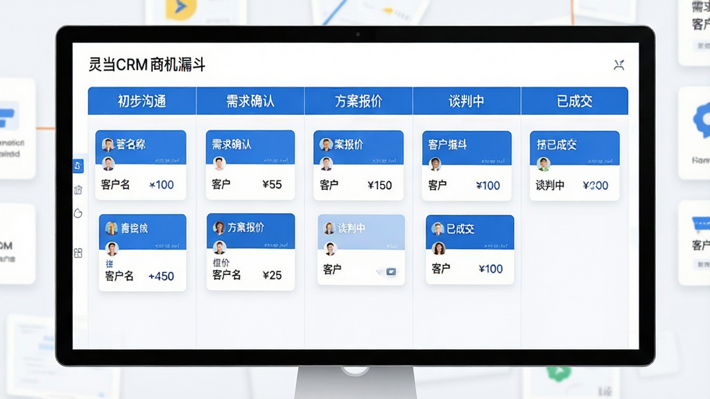 �鵱CRM�̻�©�����棬��Ļ����ʾһ����������۽׶ο��壬�б���ֱ�Ϊ��������ͨ��������ȷ�ϡ����������ۡ���̸���С����ѳɽ�����ÿ���·��ж�Ӧ���̻���Ƭ����Ƭ���пͻ����ƺͽ���������࣬������ɫ���������������ʸɾ��޶���Ԫ�ء�