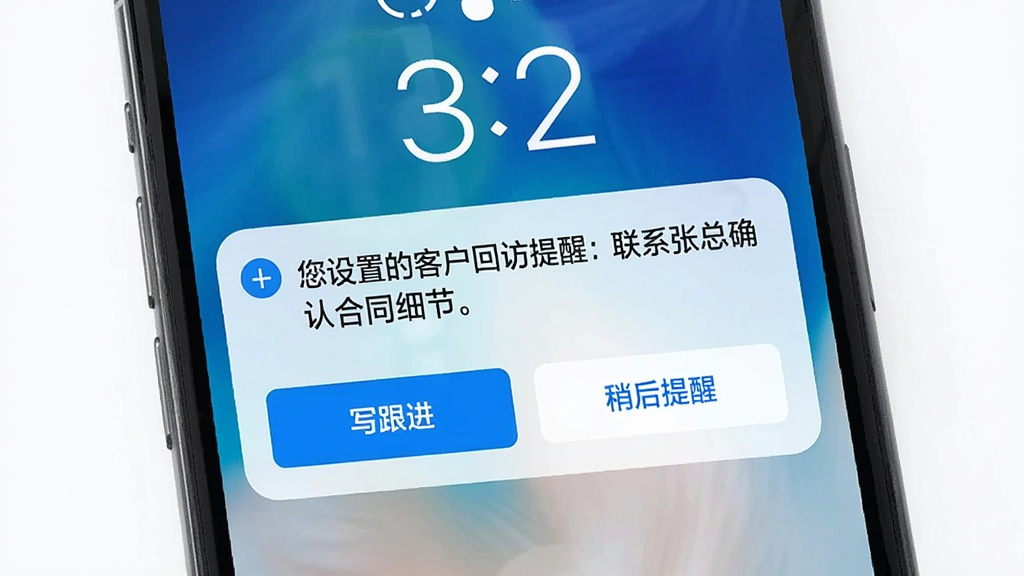 �鵱CRM���ѹ��ܽ��棬�ֻ���Ļ��ʾһ����������֪ͨ��֪ͨ����Ϊ�������õĿͻ��ط����ѣ���ϵ����ȷ�Ϻ�ͬϸ�ڡ���֪ͨ�·��С�д�������͡��Ժ����ѡ�������ť���������ֻ��������棬����Լ�ִ���������ɫ�����������޶���Ԫ�ء�