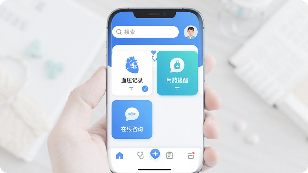 �ǻ���ҽApp������ȫòչʾ���ֻ���Ļ����ʾ��ˬ�Ľ���������ҳ�����������������û�ͷ���м��ǹ��ܿ�Ƭ�������Ѫѹ��¼����ҩ���ѡ�������ѯͼ�꣬�ײ�Ϊ�����������岼�ּ�࣬������ɫ������ִ���ƽ��ϸ��Բ�󣬻��ʸɾ��޶���Ԫ��