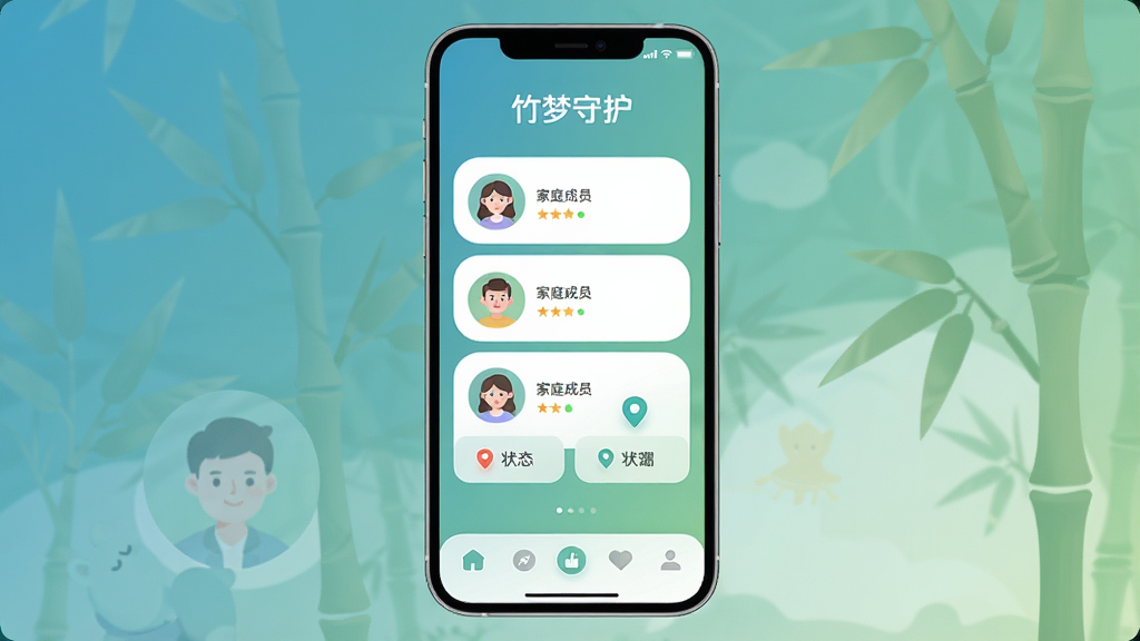 �����ػ� Ӧ��������չʾ���ֻ���Ļ������ʾ����ɫ��Ϊ��ů������ɫ���䣬���涥���С������ػ������ֱ�ʶ���м�����չʾ��ͥ��Աͷ���б��Ͷ�λ״̬��Ƭ���ײ�Ϊ���ܵ����������岼�ּ����������ƽ����Ʒ��ϸ��Բ�󣬻��ʸɾ����޶���Ԫ��