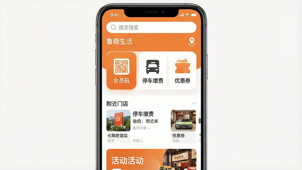 һ��չʾ��³�����App���Ľ�����ֻ�����ͼ������������һ�����������ֻ�����Ļ����ʾ��³�����App��ҳ��������������Ͷ�λ��ʶ���в�Ϊ����Ա�롱��ͣ���ɷѡ����Ż�ȯ��������ͼ�갴ť���·��Ǹ����ŵ��б��ͻ����������������Ű����룬���Ϊ�ִ���ƽ����ƣ�ɫ����ů��ɫ�Ͱ�ɫΪ����ϸ��Բ��ɾ������ʸ��壬�޶���Ԫ��