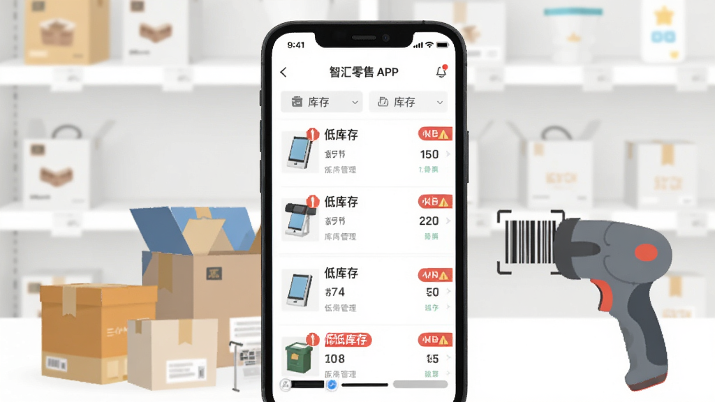 һ��չʾ�ǻ�����APP�����������ͼƬ�������������ֻ���Ļ����Ļ����ʾ����Ʒ�б��Ϳ��������������Ʒ���еͿ���ɫԤ����ǩ���ֻ��Ա�ɢ����һЩ��Ʒ��װ�к�ɨ��ǹ�ı�ƽͼ�ꡣ�����Ǽ��İ�ɫ�����黯������ִ���ƽ�����ʸɾ����޶���Ԫ�ء�