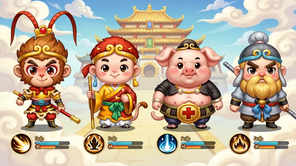 ��������OL��ɫѡ����棬�ĸ�Q�����ν�ɫ����վ�����ֱ�������ա���ɮ�����˽䡢ɳɮ��ÿ����ɫ�·��м���ͼ������������������������Ƶ��칬���������ͨ�ɰ������ʸɾ�