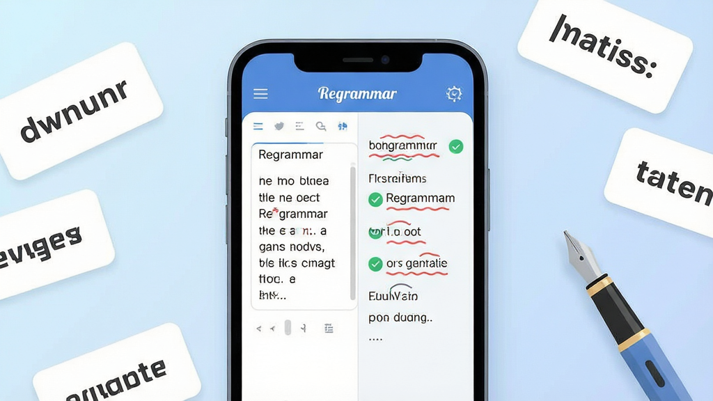 һ��չʾRegrammar�������Ĺ��ܵĳ���ͼ��������һ�������ֻ���Ļ����Ļ������ʾ��Regrammar���﷨�����棬�����Ӣ���ı����������Ҳ��ú�ɫ�����߱���﷨��������ɫ�Թ�����������飬�ֻ���Χɢ����Ӣ�ĵ��ʿ�Ƭ��һ֧�ֱʣ����ֲ��þ��й�ͼ������ִ���Լ��ƽ����ϸ�����ֻ��߿�Բ�󡢽���ͼ�����������ʸ���ɾ����޶���Ԫ�أ�����Ϊ����ɫ���䡣