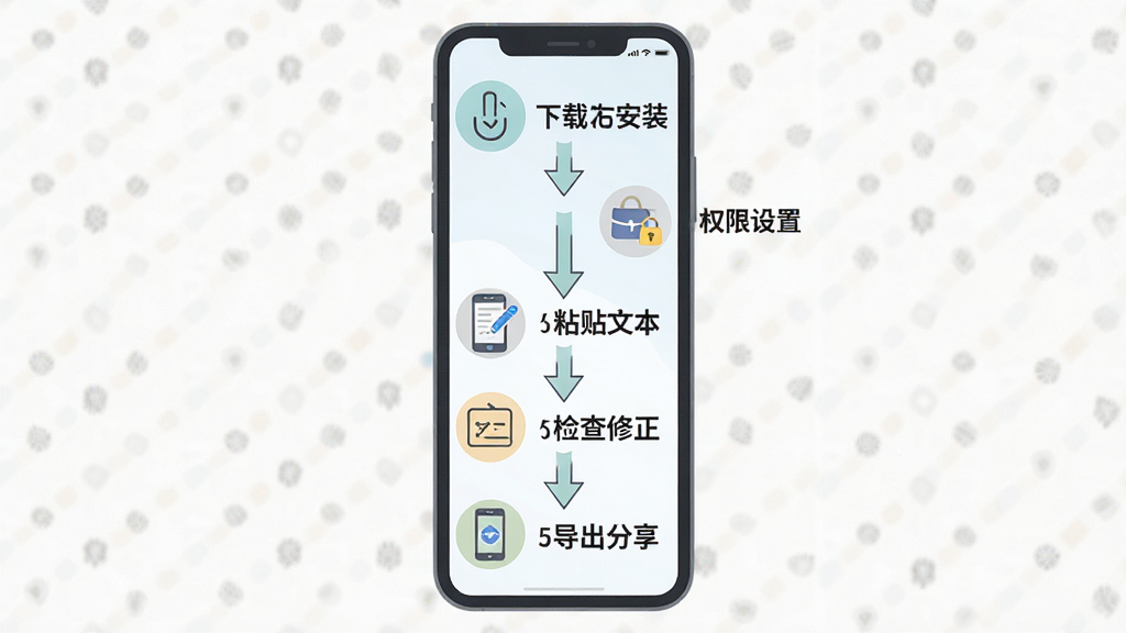 һ��չʾRegrammar���ֲ������̵�ʾ��ͼ���������ֻ���Ļ���ϵ�������չʾ���ذ�װ��Ȩ�����á�ճ���ı��������������������������裬ÿ����������Сͼ��ͼ�����ֱ�ǩ�����ֲ�������ʱ�����Ű棬����ƽ����ѧ��ͼ��ϸ���ϼ�ͷ������������ɫ��ͣ����ʸ���ɾ����޶���Ԫ�ء�