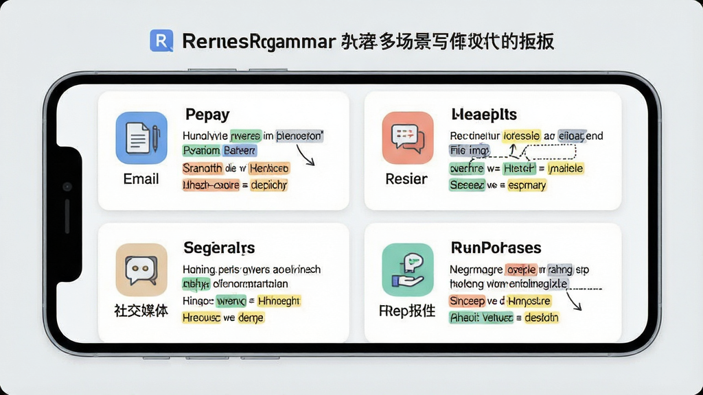 һ��չʾRegrammar�ೡ��д��ģ��Ĳ�ͼ���������ֻ���Ļ�ڳ����ĸ����ŵĿ�Ƭʽ���棬�ֱ��ע�ʼ������ġ��罻ý�塢���������ĸ�����ͼ�꣬ÿ����Ƭ��չʾ��ͬ��Ӣ���ı��Ͷ�Ӧ�ļ���ص��ǣ����ֲ����������У�������±�ƽ����ϸ����ͼ���ࡢ�������������ʸ���ɾ����޶���Ԫ�أ�����Ϊǳ��ɫ��