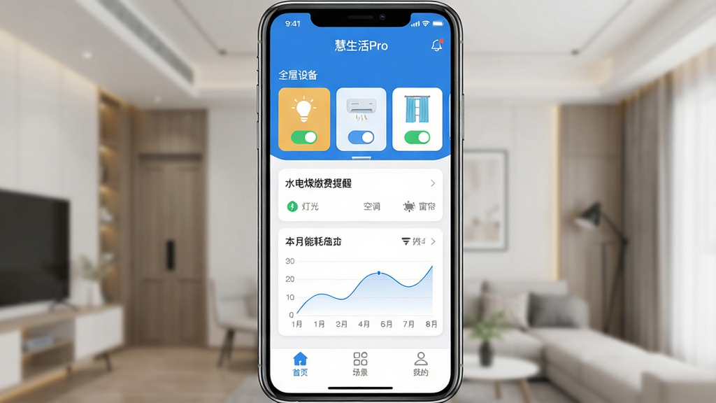 һ��չʾ������Pro�ֻ�App�������ͼƬ�������������ֻ���Ļ����Ļ����ʾ��������Pro��App����ҳ����ҳ�Ϸ��С�ȫ���豸��״̬��Ƭ����ʾ�ƹ⡢�յ��������Ŀ���״̬���м���ˮ��ú�ɷ����ѿ�Ƭ�ͱ����ܺ�����ͼ���ײ��������С���ҳ�������������ҵġ�����ͼ�꣬���岼��������������ɫ������ִ���ƽ�����ʸɾ����޶���Ԫ��