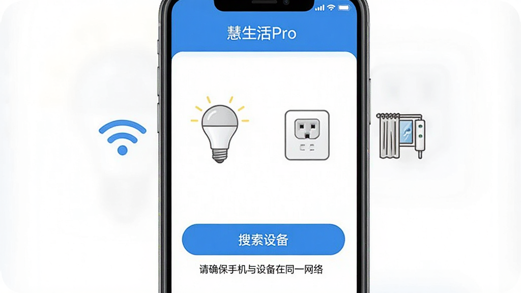 ������Pro App���豸�������������ͼ���ֻ���Ļ����ʾ��������Pro�����⣬��������Wi-Fi�ź�ͼ������ܵ��ݡ�����������������豸ͼ�꣬�·��С������豸����ť����ʾ���֡���ȷ���ֻ����豸��ͬһ���硱���������࣬������ɫ�����ʸɾ����޶���Ԫ��