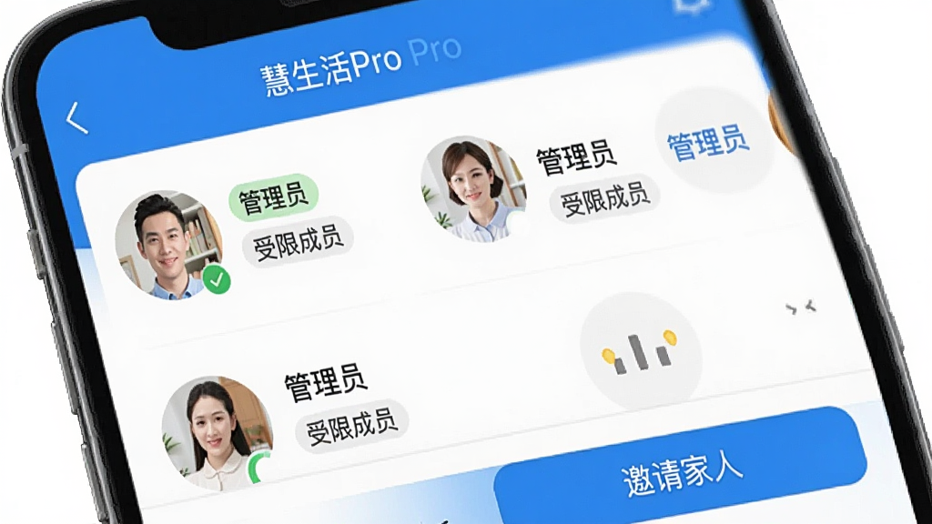 ������Pro App�ļ�ͥ��Ա����ҳ���ͼ���ֻ���Ļ����ʾ��������Pro�����⣬�·��Ǽ�ͥ��Աͷ���б���ÿ��ͷ������Ȩ�ޱ�ǩ�硰����Ա�������޳�Ա�����ײ��С�������ˡ���ť�����沼�����������׷�񣬻��ʸɾ����޶���Ԫ��