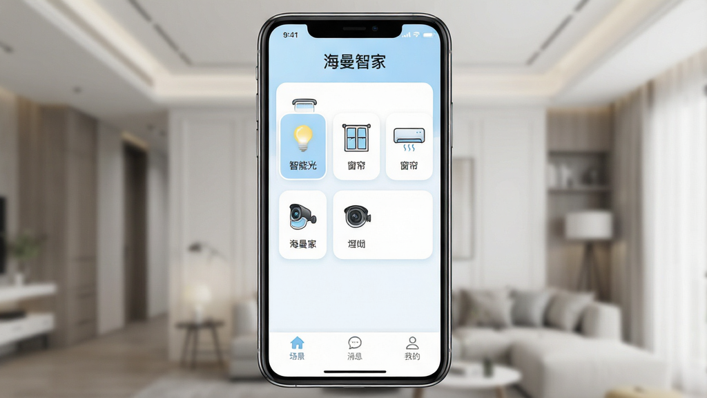 һ��չʾ�����Ǽ�App���Ľ�����ֻ�����ͼ������������һ���ִ������ֻ�����Ļ����ʾ�����Ǽҵ��豸������ҳ��ҳ�涥���С������Ǽҡ����ֱ�ʶ���м����������ܵƹ⡢�������յ�������ͷ���豸��Ƭͼ�꣬�ײ��г�������Ϣ���ҵ�����������ť�����岼��������������ִ����԰�ɫ��ǳ��ɫΪ��ɫ����ϸ��Բ��ɾ������ʸ����޶���Ԫ��