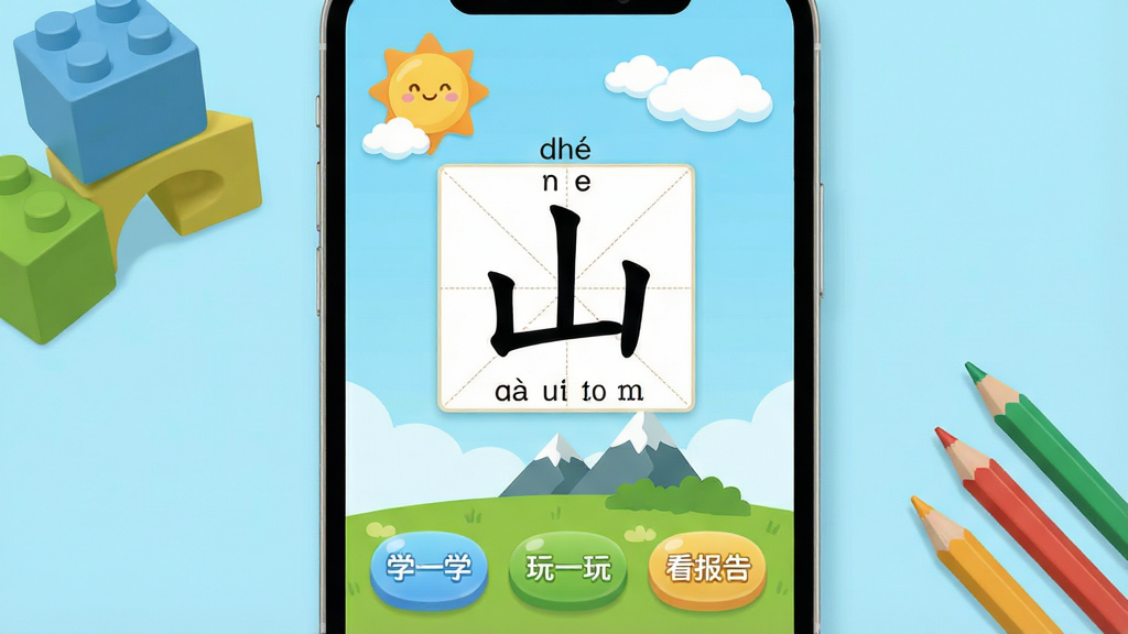 һ��չʾ��ͯѧ����App���Ľ����ͼƬ���������ֻ���Ļ����Ļ����ʾ��ͯѧ����App�������棬�����Ƕ����п�̫ͨ�����ƶ䣬�м���һ���������ָ�д�ź��֡�ɽ�����·���ƴ���Ϳ�ͨɽ����ͼ���ײ�������Բ��İ�ť�ֱ��ǡ�ѧһѧ��������һ�桱���������桱���Ű�������������������ɰ��Ŀ�ͨ��ƽ�磬ɫ�������������̡�ů��Ϊ����ϸ�������ָ�������ͣ���ť��΢΢������У����ʸ���ɾ����޶���Ԫ�أ���Ļ����Χɢ���ż����ľ�Ͳ�ɫǦ��