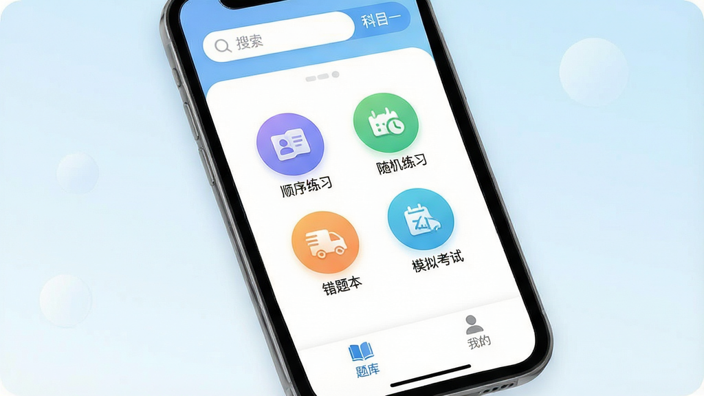 �ֻ���Ļչʾ���տ�Ŀһ����App�����棬�����������͡���Ŀһ����ǩ���м���˳����ϰ�������ϰ�����Ȿ��ģ�⿼���ĸ���ɫԲ��ͼ�갴ť���ײ��������С���⡱���ҵġ�����ѡ�����Ϊ�ɾ��İ�ɫ��ǳ��ɫ���䣬����ִ���ƽ����ϸ��Բ�󣬻��������ɾ��޶���Ԫ��