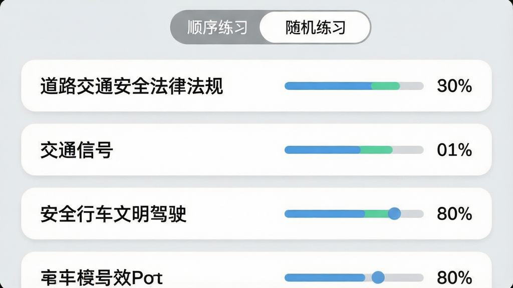 ���տ�Ŀһ����App�½���ϰ���棬�б���ʾ����·��ͨ��ȫ���ɷ��桱����ͨ�źš�����ȫ�г�������ʻ�����½����ƣ�ÿ���½��Ҳ��н������Ͱٷֱȣ������С�˳����ϰ���������ϰ���л���ť������Ϊǳ��ɫ����ƬԲ����ƣ�����ִ������ʸɾ��޶���Ԫ��