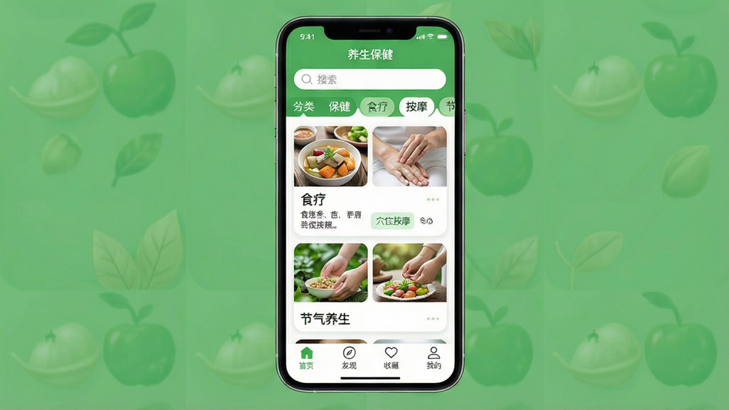 һ���ֻ�Ӧ�ý���չʾͼ������������һ���ִ������ֻ�����Ļ����ʾ�š�����������App����ҳ��ҳ�涥�����������ͷ����ǩ���м��ǿ�Ƭʽ�����б�������ʳ�ơ�Ѩλ��Ħ��������������ͼ���ݣ��ײ�Ϊ��ҳ�����֡��ղء��ҵ��ĸ�����ͼ�꣬���岼���������Ű����룬����Լ���£�ɫ������ɫ�Ͱ�ɫΪ����ϸ��Բ�󣬻��ʸɾ����޶���Ԫ��