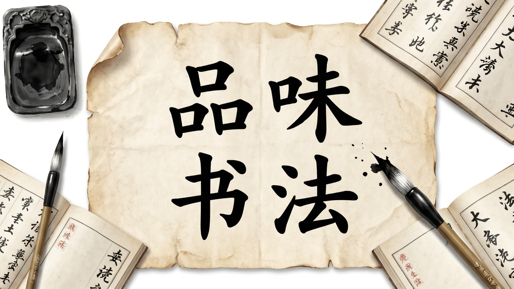 Ʒζ�鷨 Ӧ��������չʾ������������һ�Ź��ӵ���ֽ������������ë����д�š�Ʒζ�鷨���ĸ�������֣���Χ��������̨��ë�ʺͼ������������������־��жԳƣ����Ϊ�й���ˮī���ʣ�ϸ����ë�ʱʼ�մ��ī֭����ֽ��Ե��΢΢�������ʸУ����������ɾ����޶���Ԫ��
