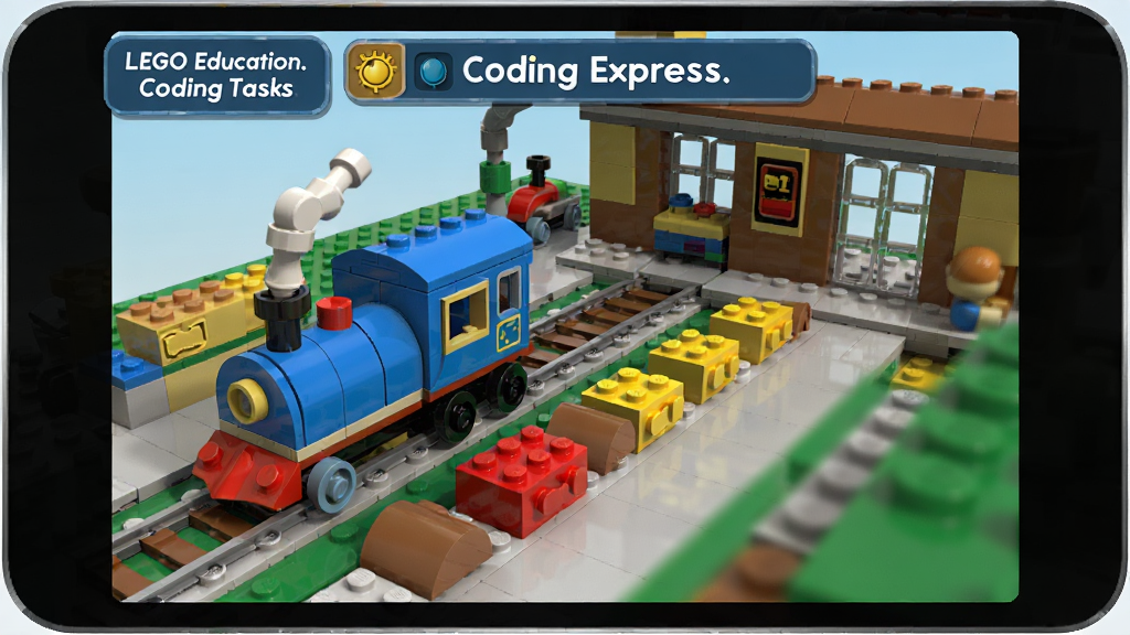 LEGO Education Coding Express Ӧ���ڳ�����ͼ��������ʾһ���ָ߻�ľ��Ļ�վ������һ����ɫС��ͣ�ڹ���ϣ�����Ա������ź�ɫ�ͻ�ɫ��ָ���ľ�飬��Ļ�Ϸ���������ʾ���֣����������ָ߾����3D��ȾЧ����ɫ�����ޣ�ϸ�ڷḻ����������