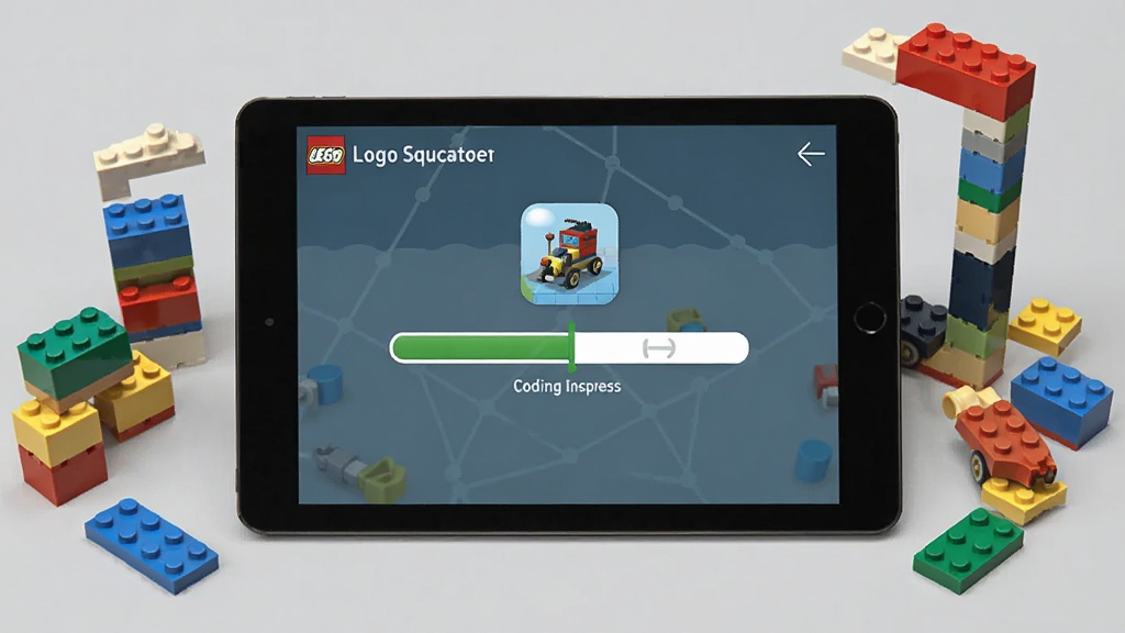 LEGO Education Coding Express ��װ�����ý��棬������ʾһ��ƽ�������Ļ����Ļ�����ڰ�װӦ�ã��������ߵ�һ�룬��Ļ��Χ���ָ߻�ľ����װ��Ԫ�أ�������ǳ��ɫ�������������ˣ����������޶���Ԫ��