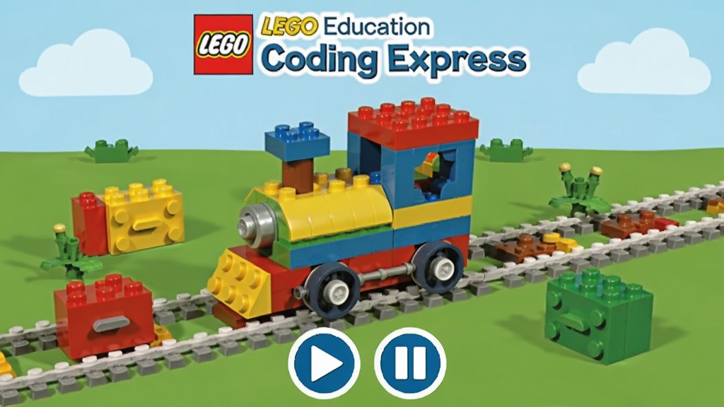 LEGO Education Coding Express ��ͯ�������Ӧ�������棬����������һ�����ָ߻�ľƴ�ɵĲ�ɫС���ڹ������ʻ�������Χ�к��������ɫָ���ľ�飬������ǳ��ɫ��պ���ɫ�ݵأ����涥����ʾӦ������ LEGO Education Coding Express���ײ��в��ź���ͣ��ť��������ͨ�ɰ���ɫ�����������ʸɾ��޶���Ԫ��