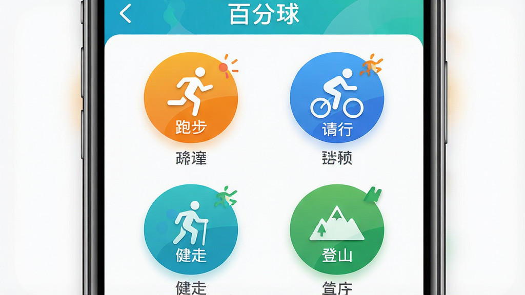 һ��չʾ���ٷ���App���˶�ģʽѡ������ͼƬ���������ֻ���Ļ��ʾ�ܲ������С����ߡ���ɽ�ĸ�Բ��ͼ�갴ť�����ֲ������������������У���������˶��磬ϸ�ڰ���ÿ��ͼ���Ե����ı�ǩ�Ͳ�ɫ��׺�����ʸɾ������޶���Ԫ��