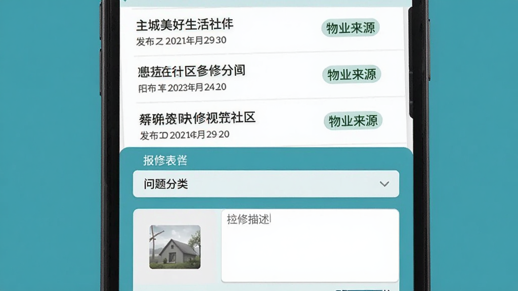 主城美好生活社区公告与报修功能展示,手机屏幕上半部分显示公告列表,每条公告有标题、发布日期和物业来源标签,下半部分显示报修表单,包含问题分类下拉框、照片上传区域和文字描述输入框,界面风格简洁扁平,主色调为蓝绿色,文字清晰,画质干净无杂乱元素