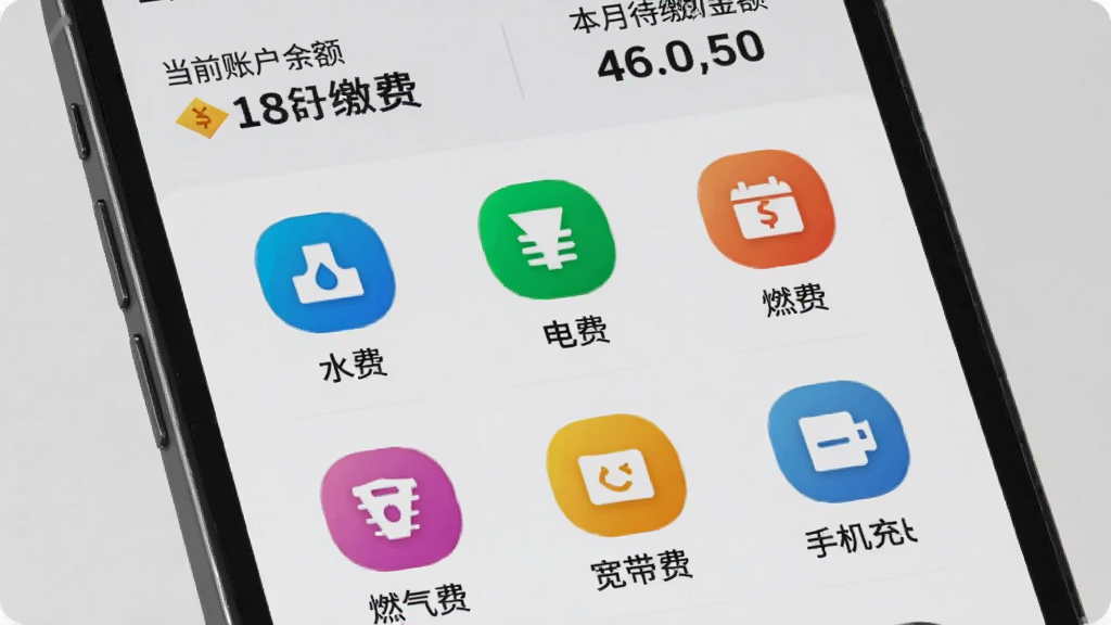 主城美好生活生活缴费页面,手机屏幕显示缴费项目列表,包含水费、电费、燃气费、宽带费、手机充值等图标入口,每个图标下方有文字标签,页面顶部显示当前账户余额和本月待缴金额,背景为浅灰色,图标色彩鲜明,布局规整,画质高清