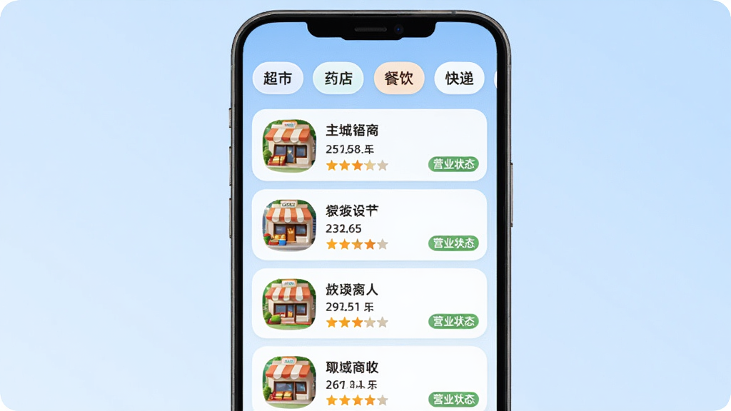 主城美好生活周边服务功能界面,手机屏幕显示附近商家列表,每个商家卡片包含店铺头像、名称、距离、评分和营业状态标签,顶部有分类筛选栏如超市、药店、餐饮、快递,背景是淡蓝色渐变,列表排列整齐,图标风格统一圆润,画质干净清晰