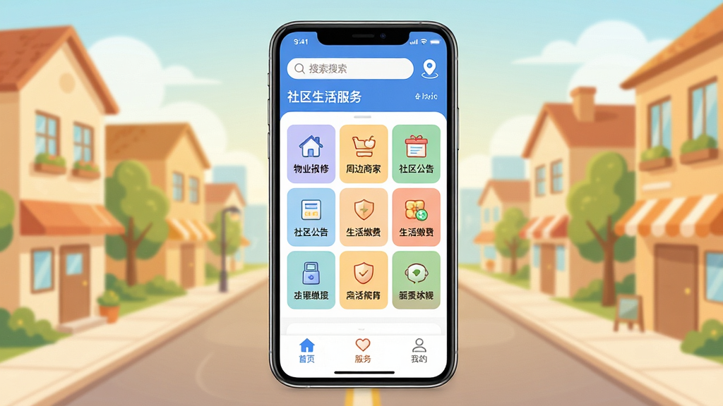 主城美好生活App主界面全貌展示,手机屏幕居中放置,屏幕内显示社区生活服务首页,顶部搜索栏和城市定位图标,中部九宫格功能入口包含物业报修、周边商家、社区公告、生活缴费等,底部导航栏为首页、服务、我的三个选项卡,背景是温馨的社区街道插画风格,画面干净明亮,文字标签清晰可读,画质高清无多余装饰元素