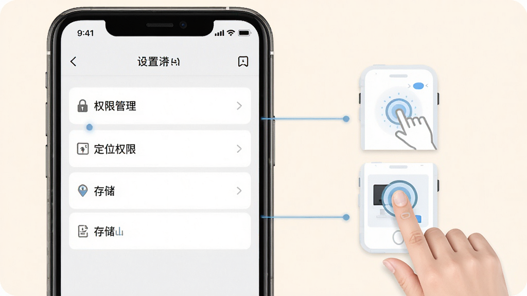 主城美好生活安装设置操作示意图,手机屏幕显示设置界面,包含权限管理、定位权限、存储权限等选项,旁边有手指点击操作的示意图标,背景为浅色,界面元素清晰标注,风格简洁直观,画质干净