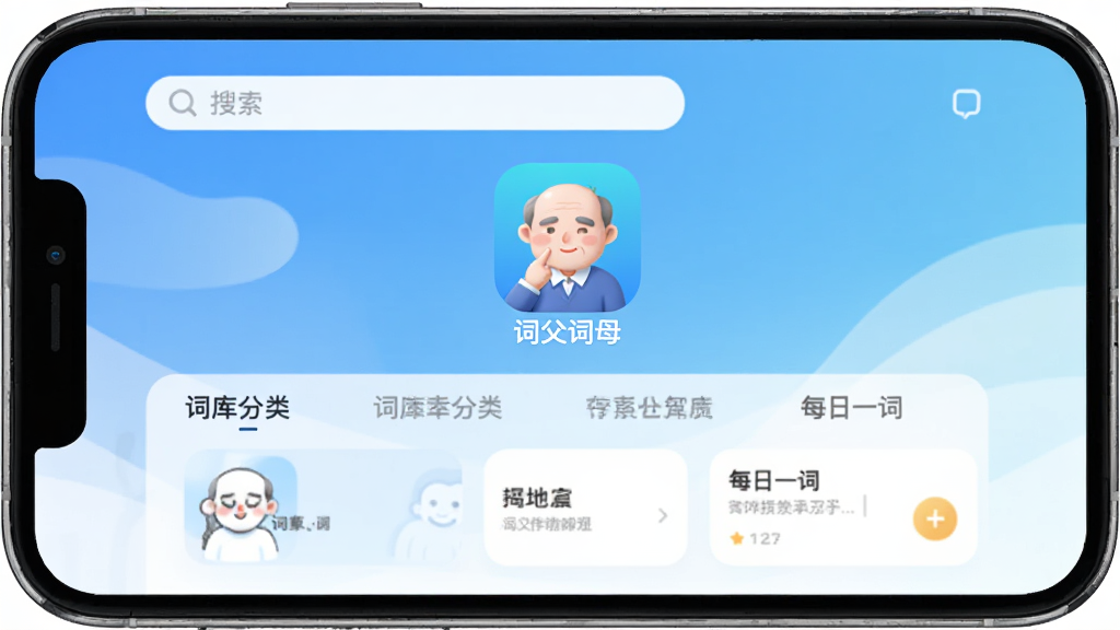 �ʸ���ĸApp������ȫòչʾ���ֻ���Ļ������ʾAppͼ������ơ��ʸ���ĸ�������������µ����׽���ɫ����������ɾ������������򡢴ʿ�����ǩ��ÿ��һ�ʿ�Ƭ���������ִ���ƽ����ϸ��Բ�󣬻��������޶���Ԫ��