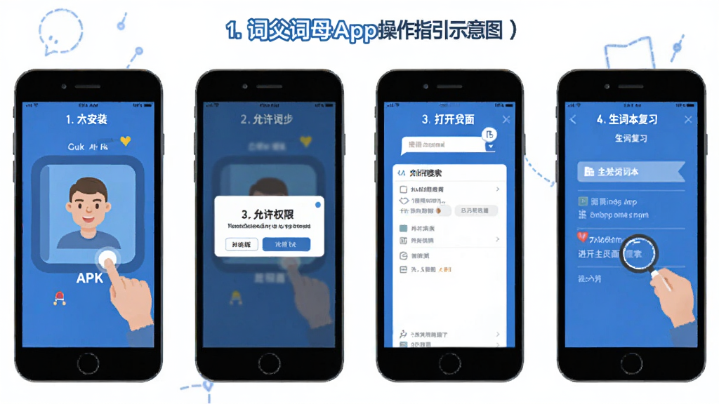�ʸ���ĸApp����ָ��ʾ��ͼ������չʾ�ֻ���Ļ�Ӱ�װ��ʹ�õ��ĸ����裬��һ�����APK��װ���ڶ�������Ȩ�޵������������������������ʻ㣬���Ĳ��������ʱ���ϰ��������ñ�ƽ���廭�����ɫ��ɫ��������������ע�����ʸɾ�����