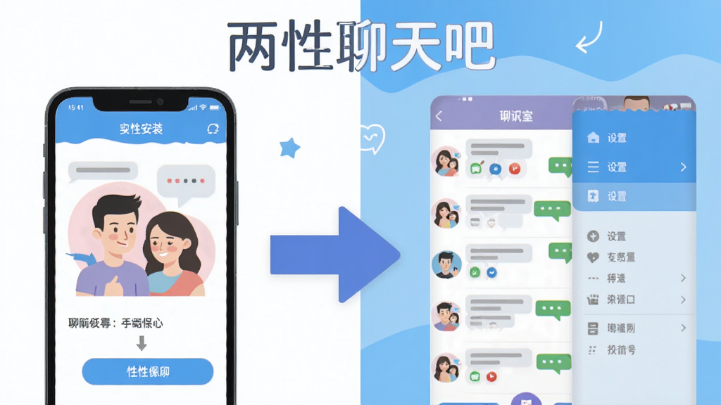 两性聊天吧新手操作指引示意图,画面左侧是手机安装界面,右侧是聊天室列表和设置菜单,中间用箭头连接展示操作步骤,顶部有“两性聊天吧”文字标识,整体风格简洁明快,扁平化设计,画质干净无多余元素