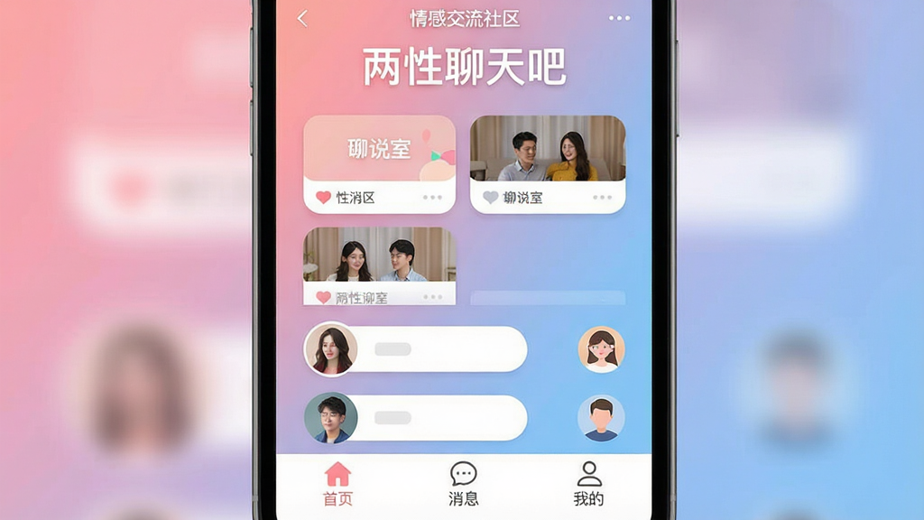 一张手机屏幕展示两性聊天吧应用主界面,标题文字为“两性聊天吧”,界面以柔和的粉蓝渐变为背景,顶部显示“情感交流社区”字样,中间是多个聊天室卡片和用户头像列表,底部有“首页”“消息”“我的”三个导航图标,整体风格温暖简洁,扁平化设计,细节圆润,画质干净无多余元素