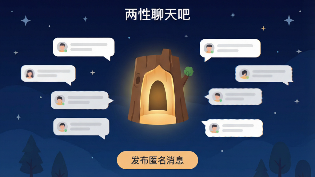 两性聊天吧应用内“匿名树洞”功能界面截图,画面中央是一个发光的树洞图标,周围环绕着匿名消息气泡,背景是深蓝色夜空和星星,顶部有“两性聊天吧”文字标识,底部有“发布匿名消息”按钮,整体风格神秘温馨,扁平化插画风格,画质干净无多余元素