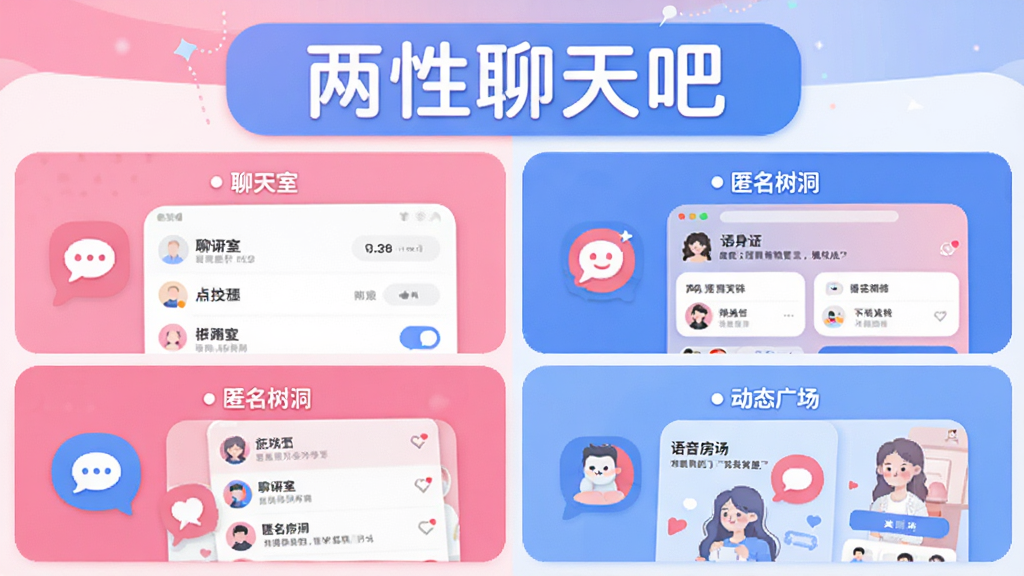 两性聊天吧应用功能展示图,画面分为四个区域分别展示聊天室列表、匿名树洞、语音房间和动态广场的界面缩略图,顶部横幅写着“两性聊天吧”,整体采用粉蓝配色,扁平化设计风格,图标简洁圆润,画质清晰干净无多余元素
