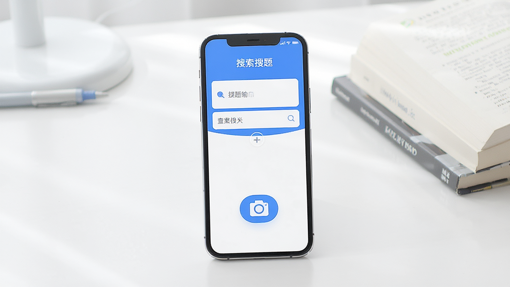 一张展示作业搜题查答案手机应用主界面的图片,画面中央是一部现代智能手机,手机屏幕显示着简洁的搜题输入框和拍照搜题按钮,界面以蓝白色调为主,背景是干净的书桌和书本,整体风格清新明快,画质清晰,无多余元素