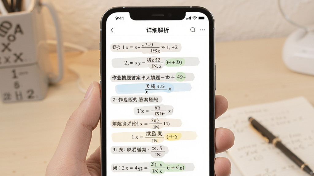 一张展示作业搜题查答案详细解析界面的图片,手机屏幕显示一道数学题的完整解题步骤,每一步都有文字说明和公式推导,界面排版清晰,重点步骤用不同颜色标注,背景是柔和的护眼色调,整体风格简洁专业