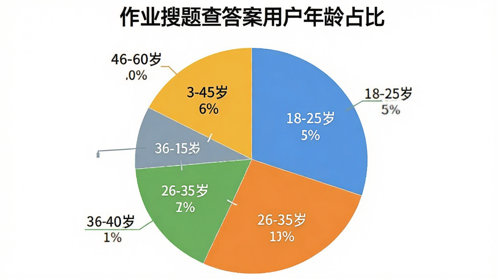 一张展示作业搜题查答案用户年龄分布的饼状图,图表标题为“作业搜题查答案用户年龄占比”,图表分为多个扇形区域,分别标注18-25岁、26-35岁、36-45岁、46-60岁等年龄段及对应百分比,配色清晰,风格简洁,画质干净