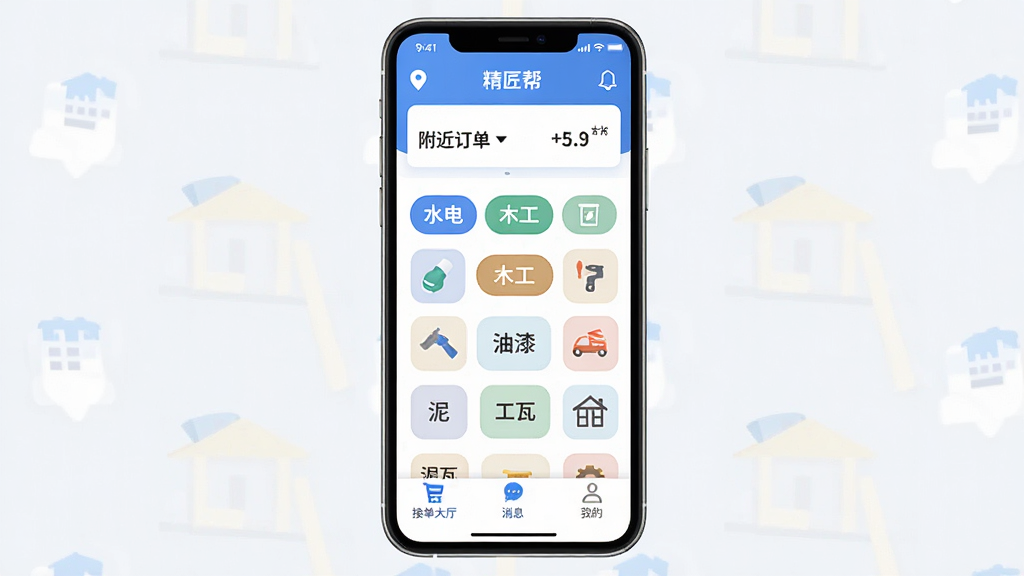 ����������������ȫòչʾ���ֻ���Ļ�����Ǿ�����App����ҳ��������ʾ��λ���к͸��������������м��Ƿ��������Ĺ����б�������ˮ�硢ľ�������ᡢ���ߵȹ��ֱ�ǩ���ײ��нӵ���������Ϣ���ҵ�����ѡ���������ɫ����ɫ�Ͱ�ɫΪ����������ִ�����ƽ����ƣ�ͼ��Բ������������ɾ��޶���Ԫ�أ����廭��