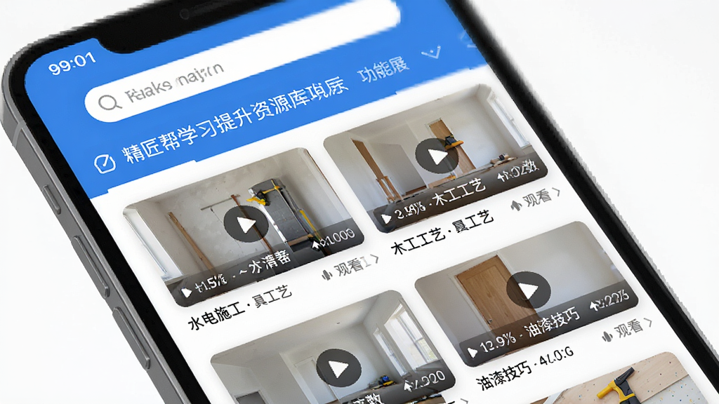 ������ѧϰ������Դ�⹦��չʾ���ֻ���Ļ��ʾ������App�Ľ�ѧ��Ƶ�б�ҳ�棬����ˮ��ʩ����ľ�����ա����Ἴ�ɵ���Ƶ��������ͼ��ÿ����Ƶ�в���ʱ���͹ۿ�������ע��ҳ�涥����������ͷ���ɸѡ��ǩ����������ˬ���ã���ɫ��ɫ������ƽ����ƣ�����ɾ��޶���Ԫ�أ����廭��