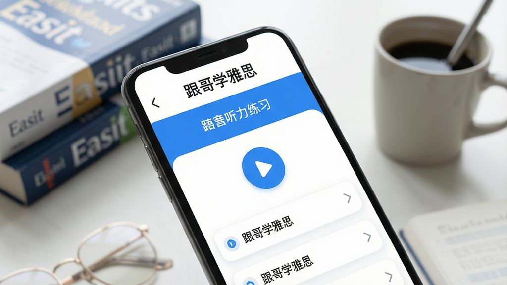 一张展示“跟哥学雅思”App核心界面的手机样机图,手机屏幕亮起,显示着清晰的雅思听力练习界面,顶部有“跟哥学雅思”字样,界面以干净的蓝白色调为主,布局简洁,重点突出播放按钮和题目选项,背景是柔和的书桌场景,有雅思书籍和咖啡杯,整体风格现代、清新、学习氛围浓厚,画质清晰,细节丰富,无多余元素。