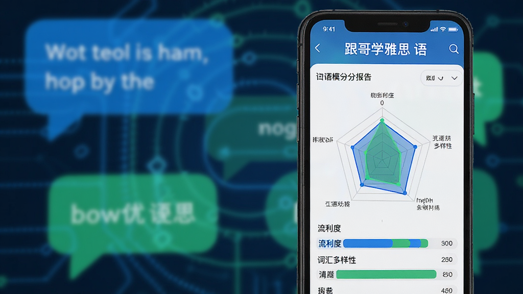 一张展示“跟哥学雅思”口语模考评分报告的手机界面图,屏幕显示着雷达图和详细打分项,有流利度、词汇多样性等指标,界面设计清晰,用蓝色和绿色区分优劣项,背景是虚化的英语口语对话气泡,风格专业且科技感十足,画质干净,无多余元素。