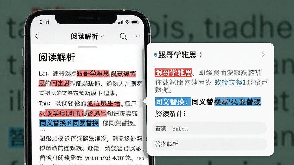 一张展示“跟哥学雅思”阅读解析界面的手机样机图,屏幕显示一篇雅思阅读文章,旁边有题目和答案解析弹窗,解析中用红色标注了关键词定位,用蓝色标注了同义替换,界面布局清晰,文字排版易读,风格学术且现代,画质干净,无多余元素。
