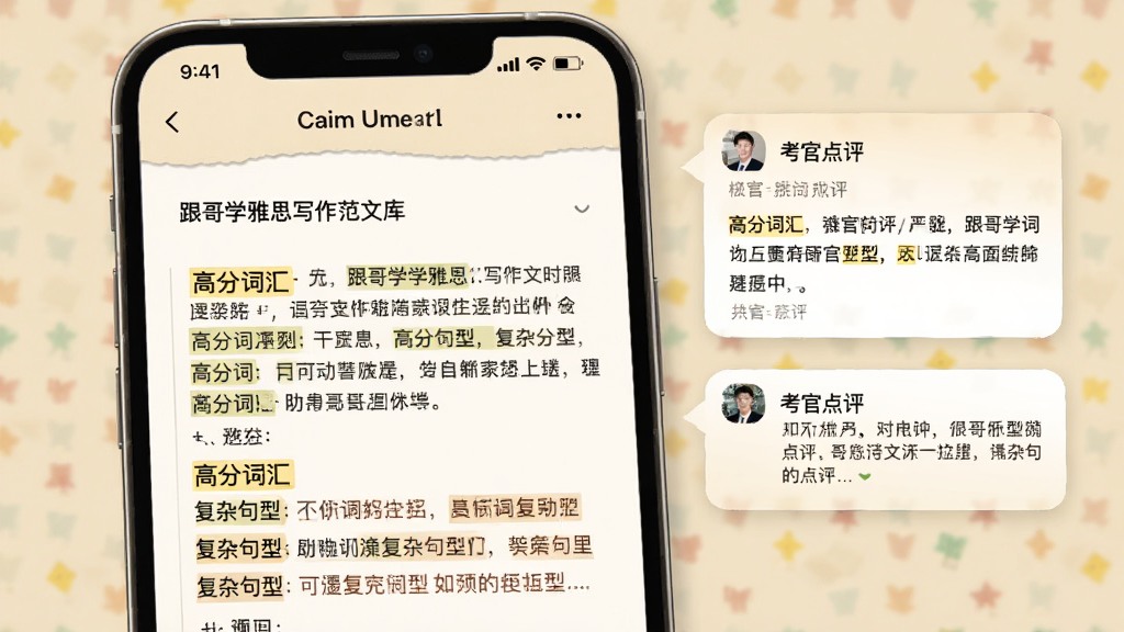 一张展示“跟哥学雅思”写作范文库界面的手机样机图,屏幕显示一篇雅思大作文范文,范文中有高亮标注的“高分词汇”和“复杂句型”,旁边有考官点评的对话框,界面以米黄色为背景,保护视力,风格像一本精致的电子书,画质清晰,无多余元素。