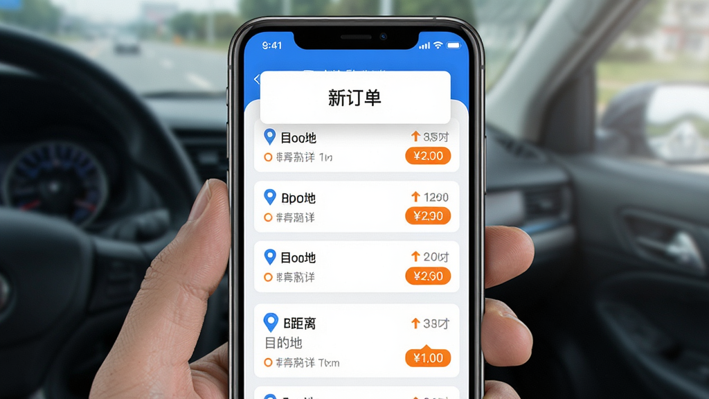 �׻�˾����App�������ͽ��棬�ֻ���Ļ��ʾ����������Ƭ�������У�ÿ����Ƭ���о��롢Ŀ�ĵء��۸��ǩ�������С��¶�����������ʾ�������������죬������ɫ���ص���Ϣ�ó�ɫ�����������������Ű����룬������Ԫ��